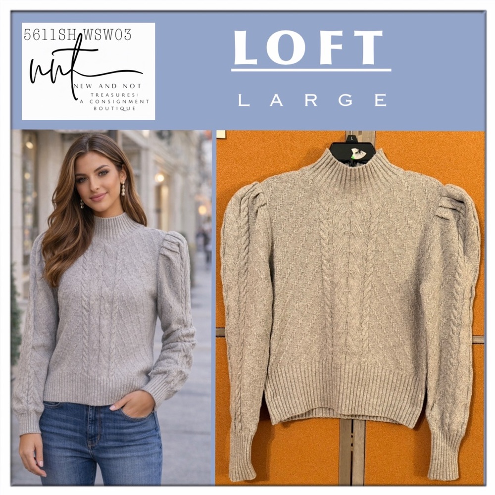 LOFT Gray Cable Knit Sweater Puff Sleeve Mock Neck Cozy Pullover Large